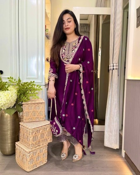 Royal Muse Deep Purple Chinon Silk Suit with Embroidery  & Designer Dupatta  3 Piece Kurti Set