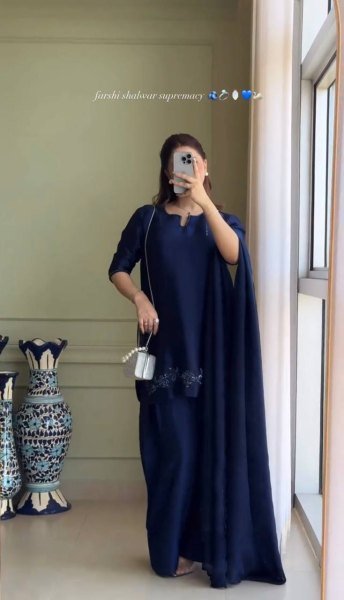 Royal Navy Blue Farshi Suit in Crepe Silk Heavy Hand Embroidery with Organza Dupatta Ready To Wear Collection