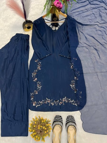 Royal Navy Blue Farshi Suit in Crepe Silk Heavy Hand Embroidery with Organza Dupatta Ready To Wear Collection