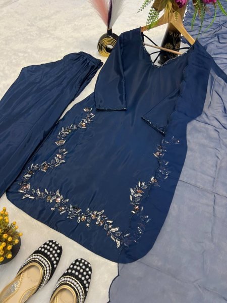 Royal Navy Blue Farshi Suit in Crepe Silk Heavy Hand Embroidery with Organza Dupatta Ready To Wear Collection