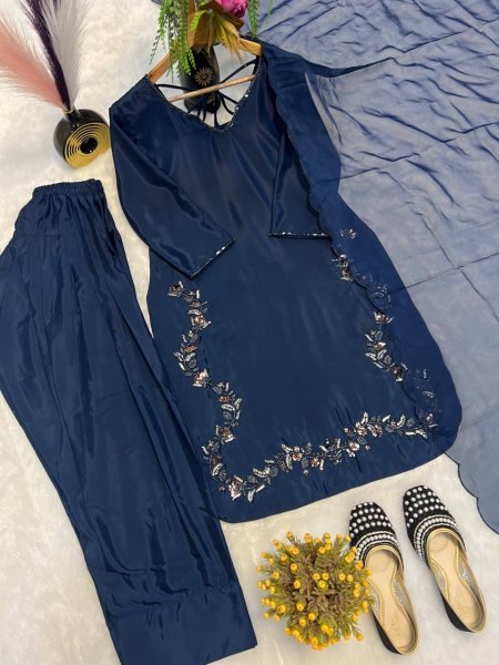 Royal Navy Blue Farshi Suit in Crepe Silk Heavy Hand Embroidery with Organza Dupatta Ready To Wear Collection