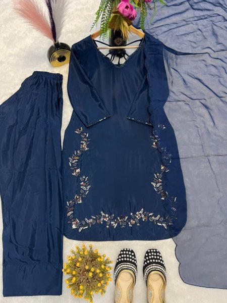 Royal Navy Blue Farshi Suit in Crepe Silk Heavy Hand Embroidery with Organza Dupatta Ready To Wear Collection