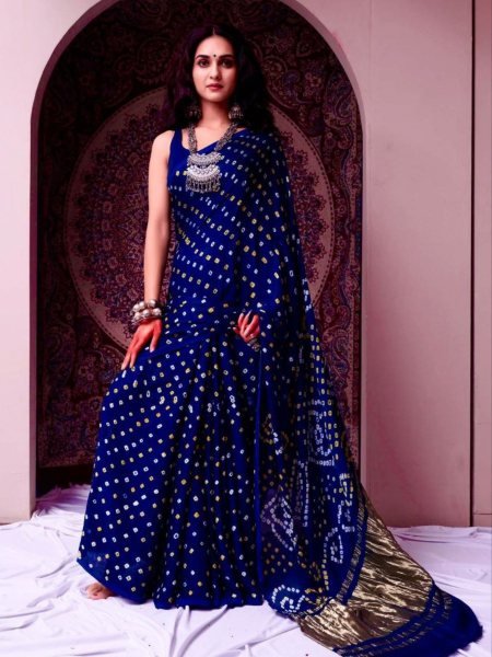 Royal Navy Blue Gaji Silk Bandhani Saree with Gota Patti Festive Must Have Sarees 