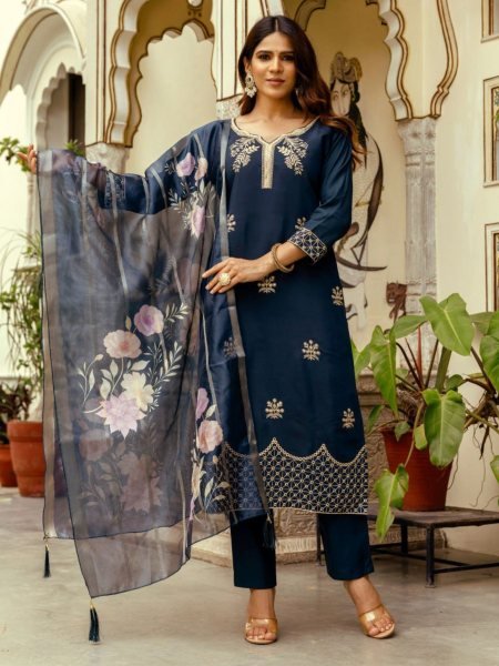  Royal Navy Blue Ready to Wear Chanderi Embroidery Kurti With Free-Size Bottom And Organza Dupatta for Reseller  Embroidery Kurtis 