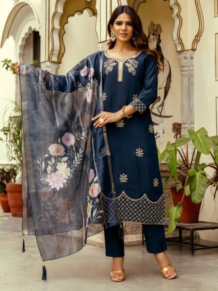  Royal Navy Blue Ready to Wear Chanderi Embroidery Kurti With Free Size Bottom And Organza Dupatta for Reseller 