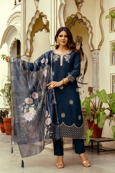  Royal Navy Blue Ready to Wear Chanderi Embroidery Kurti With Free Size Bottom And Organza Dupatta for Reseller  Embroidery Kurtis 