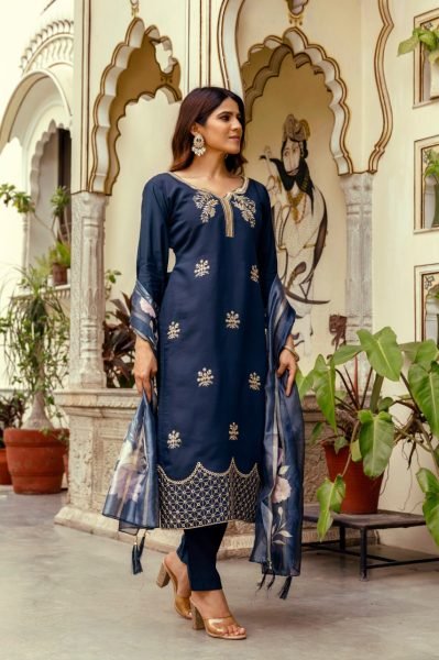  Royal Navy Blue Ready to Wear Chanderi Embroidery Kurti With Free Size Bottom And Organza Dupatta for Reseller  Embroidery Kurtis 