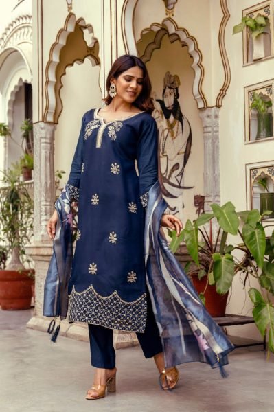  Royal Navy Blue Ready to Wear Chanderi Embroidery Kurti With Free Size Bottom And Organza Dupatta for Reseller  Embroidery Kurtis 
