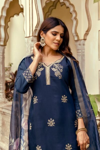  Royal Navy Blue Ready to Wear Chanderi Embroidery Kurti With Free Size Bottom And Organza Dupatta for Reseller  Embroidery Kurtis 