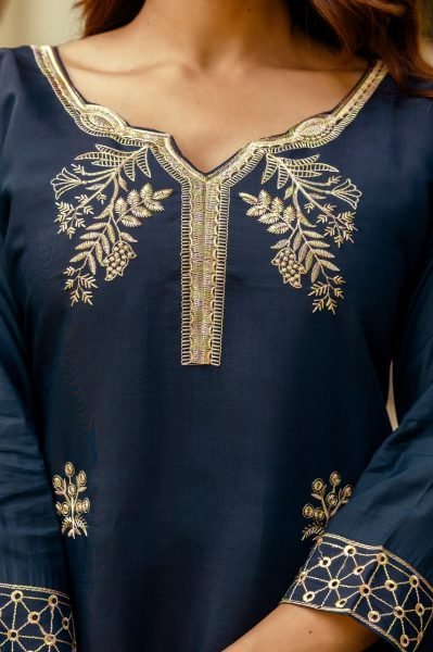  Royal Navy Blue Ready to Wear Chanderi Embroidery Kurti With Free Size Bottom And Organza Dupatta for Reseller  Embroidery Kurtis 