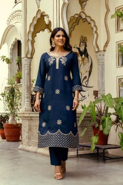  Royal Navy Blue Ready to Wear Chanderi Embroidery Kurti With Free Size Bottom And Organza Dupatta for Reseller  Embroidery Kurtis 