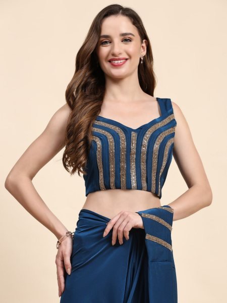 Royal Nights Navy Blue Crystal Saree Set with Glam Blouse for Special Events Ready To Wear Saree 