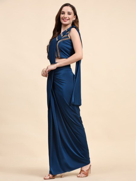 Royal Nights Navy Blue Crystal Saree Set with Glam Blouse for Special Events Ready To Wear Saree 