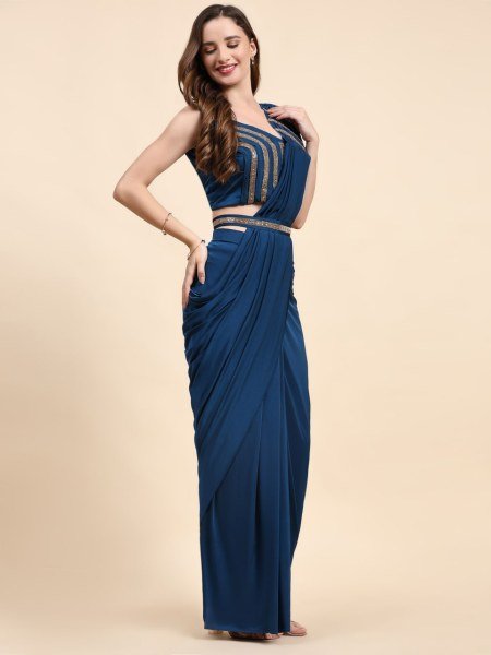 Royal Nights Navy Blue Crystal Saree Set with Glam Blouse for Special Events Ready To Wear Saree 