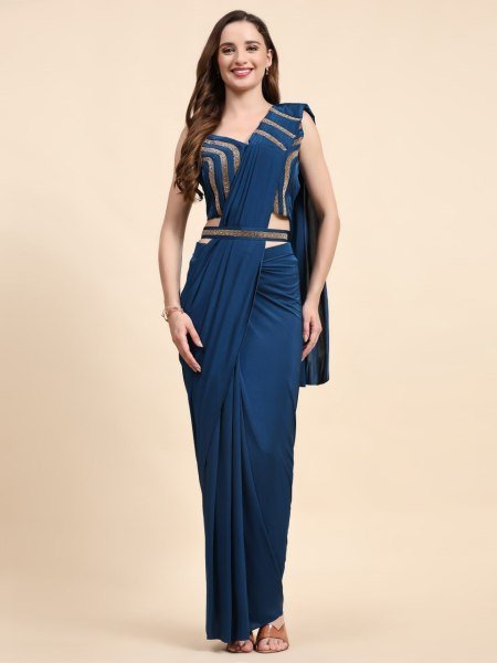 Royal Nights Navy Blue Crystal Saree Set with Glam Blouse for Special Events Ready To Wear Saree 