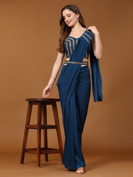 Royal Nights Navy Blue Crystal Saree Set with Glam Blouse for Special Events Ready To Wear Saree 