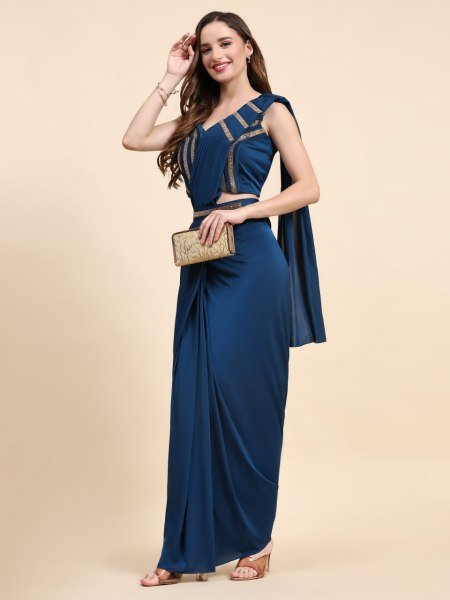 Royal Nights Navy Blue Crystal Saree Set with Glam Blouse for Special Events Ready To Wear Saree 