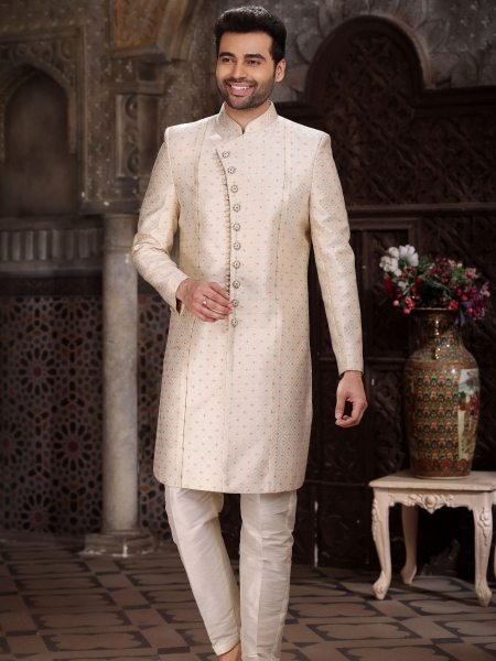 Royal Off White Banarasi Indo Western Set with Designer Pattern Work 