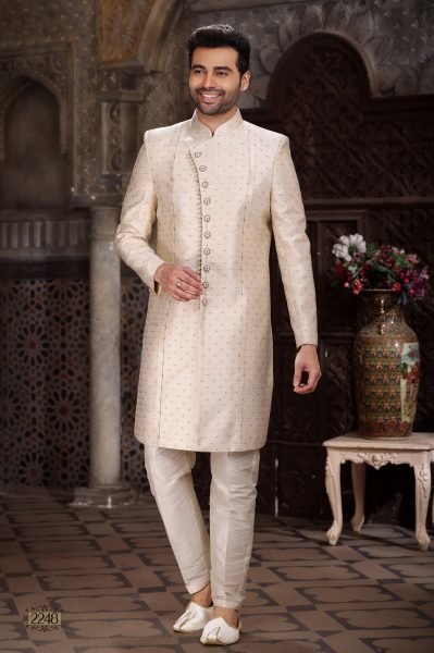 Royal Off White Banarasi Indo Western Set with Designer Pattern Work Kurta Pajama Wholesale