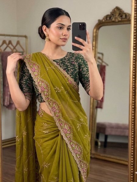 Royal Olive Green Embroidered Saree with Contrast Dark Green Blouse  Sarees 