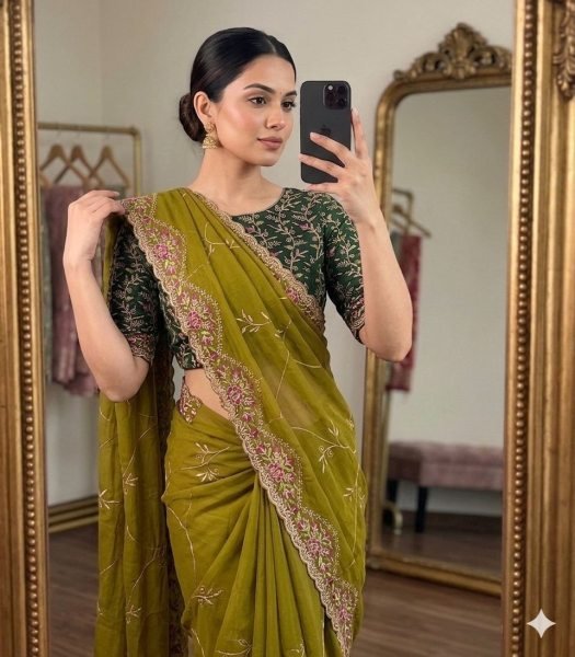 Royal Olive Green Embroidered Saree with Contrast Dark Green Blouse  Embroidery Sarees Wholesale