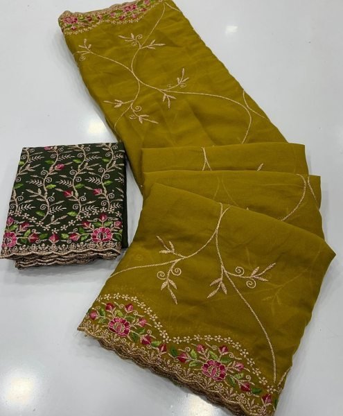 Royal Olive Green Embroidered Saree with Contrast Dark Green Blouse  Embroidery Sarees Wholesale