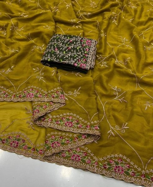 Royal Olive Green Embroidered Saree with Contrast Dark Green Blouse  Embroidery Sarees Wholesale