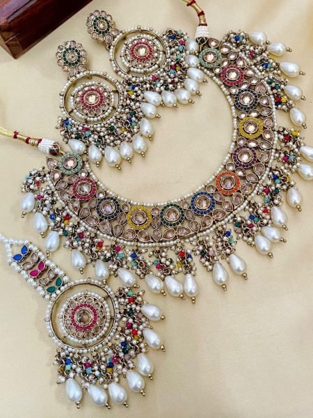 Royal Pakistani Reverse Stone Choker Set with Tikka &  Earrings Perfect for Nikkah Sarees 