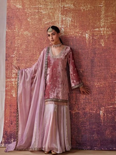 Royal Pink  Velvet Top  & Fandy Silk Lehenga Palazzo   with Dupatta for Party Wear Shop by Occasion