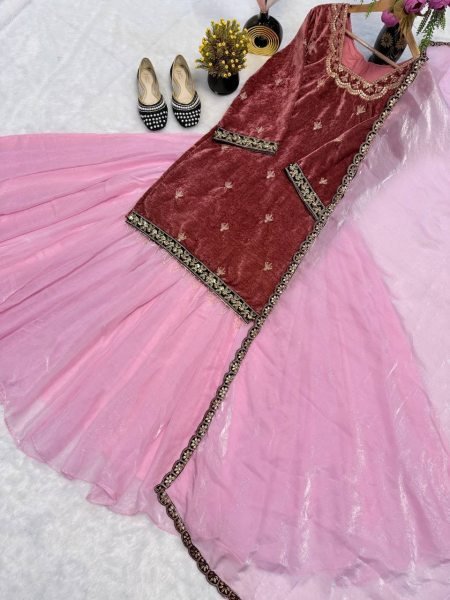 Royal Pink  Velvet Top  & Fandy Silk Lehenga Palazzo   with Dupatta for Party Wear Ready To Wear Collection