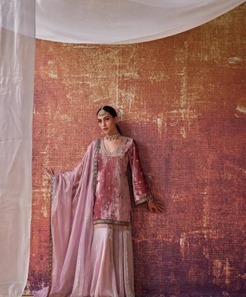 Royal Pink  Velvet Top  & Fandy Silk Lehenga Palazzo   with Dupatta for Party Wear Ready To Wear Collection