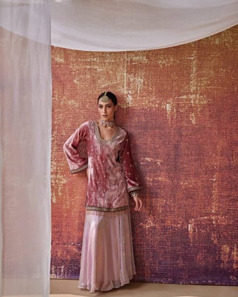 Royal Pink  Velvet Top  & Fandy Silk Lehenga Palazzo   with Dupatta for Party Wear Ready To Wear Collection