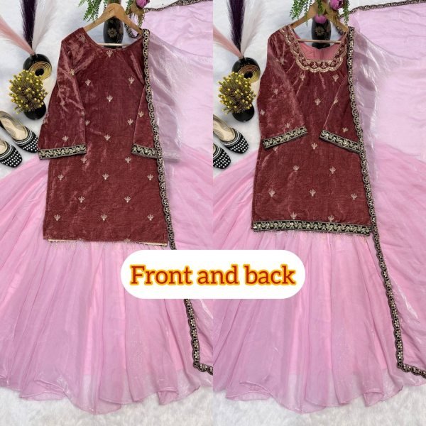 Royal Pink  Velvet Top  & Fandy Silk Lehenga Palazzo   with Dupatta for Party Wear Ready To Wear Collection