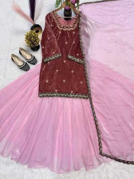 Royal Pink  Velvet Top  & Fandy Silk Lehenga Palazzo   with Dupatta for Party Wear Ready To Wear Collection