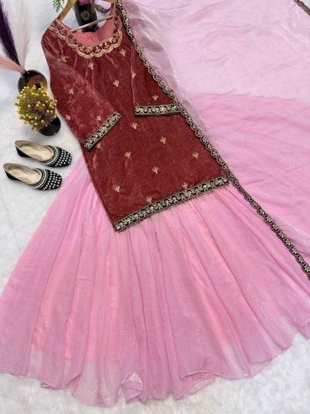 Royal Pink  Velvet Top  & Fandy Silk Lehenga Palazzo   with Dupatta for Party Wear Ready To Wear Collection