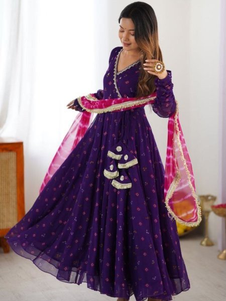 Royal Purple Alfino Chiffon Anarkali Suit with Handwork Yoke and Leheriya Dupatta Kurtis