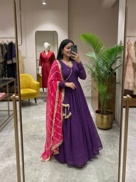 Royal Purple Alfino Chiffon Anarkali Suit with Handwork Yoke and Leheriya Dupatta Anarkali Kurtis 