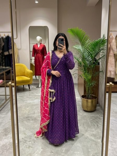 Royal Purple Alfino Chiffon Anarkali Suit with Handwork Yoke and Leheriya Dupatta Anarkali Kurtis 