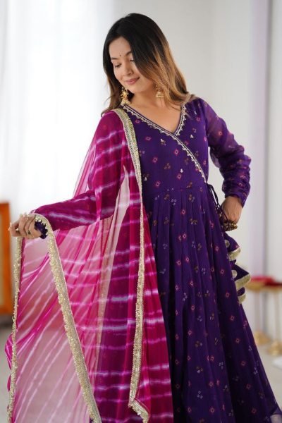 Royal Purple Alfino Chiffon Anarkali Suit with Handwork Yoke and Leheriya Dupatta Anarkali Kurtis 