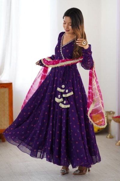 Royal Purple Alfino Chiffon Anarkali Suit with Handwork Yoke and Leheriya Dupatta Anarkali Kurtis 