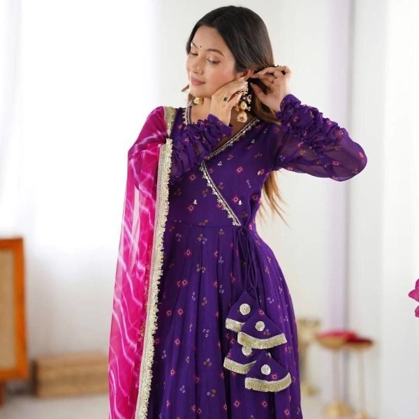 Royal Purple Alfino Chiffon Anarkali Suit with Handwork Yoke and Leheriya Dupatta Anarkali Kurtis 