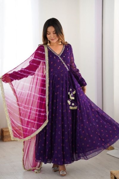 Royal Purple Alfino Chiffon Anarkali Suit with Handwork Yoke and Leheriya Dupatta Anarkali Kurtis 