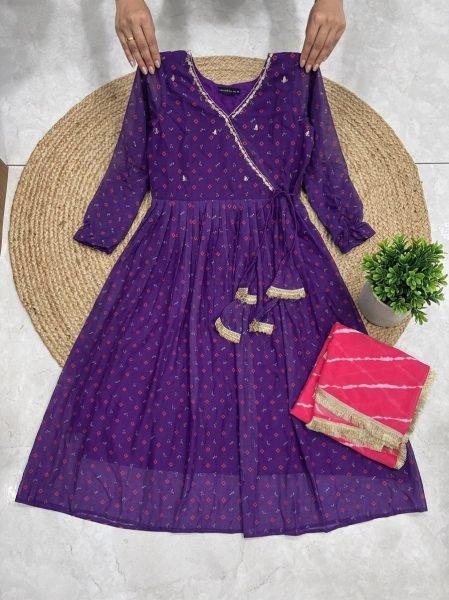 Royal Purple Alfino Chiffon Anarkali Suit with Handwork Yoke and Leheriya Dupatta Anarkali Kurtis 