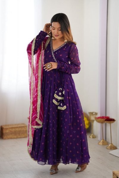 Royal Purple Alfino Chiffon Anarkali Suit with Handwork Yoke and Leheriya Dupatta Anarkali Kurtis 