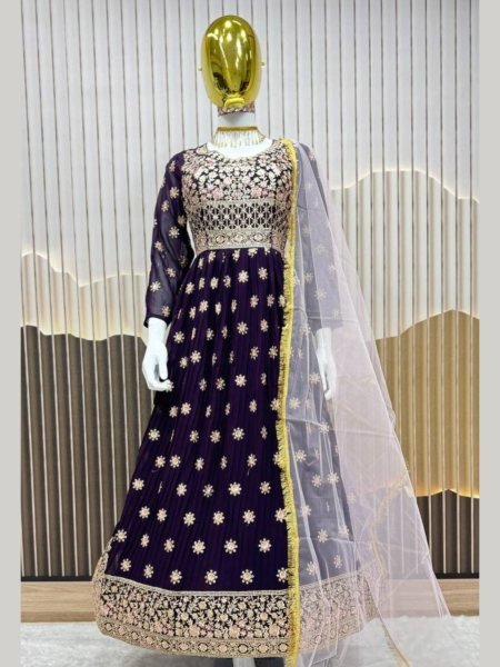 Royal Purple Anarkali Gown with Embroidery & Net Dupatta Wedding Special Kurtis