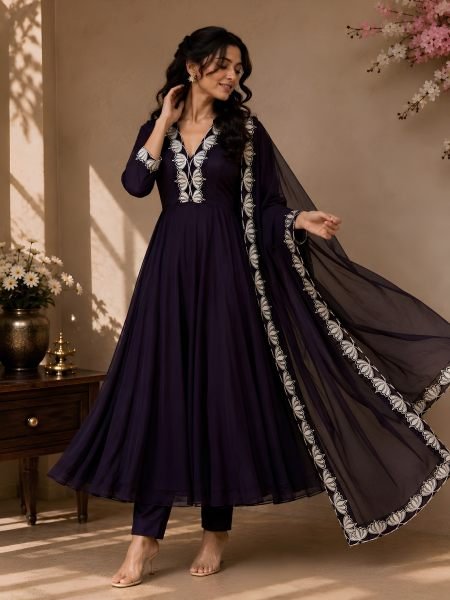 Royal Purple Artisanal Georgette Anarkali Suit with Heavy Embroidery Work at Manufacturer  Ready To Wear Suit