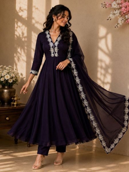 Royal Purple Artisanal Georgette Anarkali Suit with Heavy Embroidery Work at Manufacturer  Ready To Wear Collection