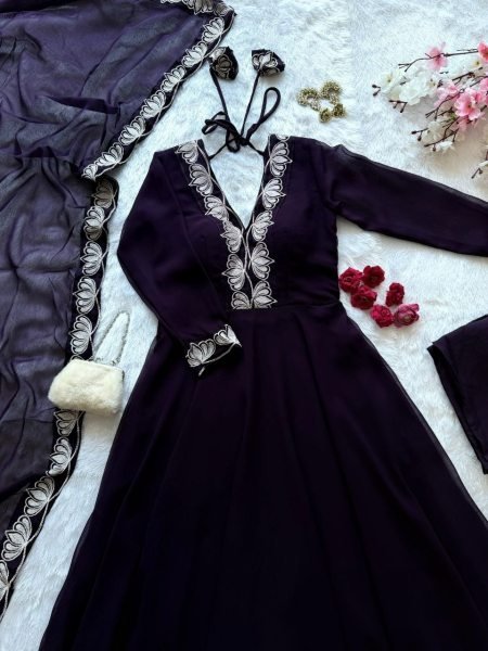 Royal Purple Artisanal Georgette Anarkali Suit with Heavy Embroidery Work at Manufacturer  Ready To Wear Collection