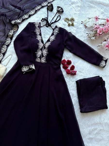Royal Purple Artisanal Georgette Anarkali Suit with Heavy Embroidery Work at Manufacturer  Ready To Wear Collection