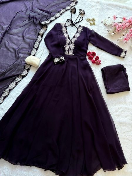 Royal Purple Artisanal Georgette Anarkali Suit with Heavy Embroidery Work at Manufacturer  Ready To Wear Collection
